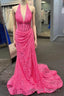 Halter Hot Pink Lace Ruched Mermaid Prom Dresses