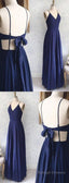 Great Evening Dresses, Backless Sexy Spaghetti Straps Backless Navy Blue Chiffon A Line Floor Length Prom Dress
