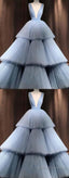 Blue V Neck Tulle Long Prom Dress, Blue Tulle Evening Dress