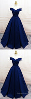 Navy Blue Satin V Neck Off Shoulder Prom Dresses, Long Evening Gowns