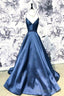 A Line Blue Spaghetti Straps Satin Prom Dresses, V Neck Blue Sexy Prom Prom Dress