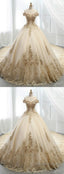 Champagne Ball Gowns Tulle Gold Lace Appliques Wedding Dress