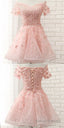 Custom Made Pink Off Shoulder Lace Organza And Floral Applique Short Prom Dress, Formal Dress, Weddings Homecoming Dress