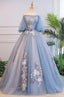 Unique Blue Tulle Lace Long Prom Dress, Blue Prom Dress
