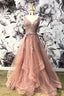 Unique Champagne Pink Tulle V Neck Lace Halter Lace Up Homecoming Dresses