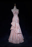 Sweet Spaghetti Straps Mermaid Prom Dress Pink Satin Layered Pleated Prom Dresses With Beading