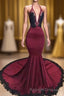 Burgundy Halter Deep V Neck Mermaid Prom Dress with Lace, Long Evening Gown