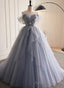 Glam Blue-Grey Tulle with Lace Applique Long Prom Dress, Tulle Formal Dress Prom Gowns