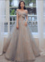 Glam Off Shoulder Shiny Lace And Tulle Long Prom Dresses A-Line Prom Dress