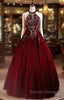 Glam Wine Red Beaded Velvet Halter Evening Dress, Wine Red Velvet Prom Dress