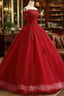 Glam Wine Red Quinceanera Dress Prom Dress, Tulle Long Embroidered with Flowers Formal Dress