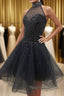 Glamorous A Line High Neck Beaded Tulle Short Black Prom Dresses, Beaded Black Homecoming Dresses, Black Short Formal Graduation Evening Dresses