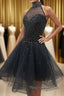 Glamorous A Line High Neck Beaded Tulle Short Black Prom Dress Beaded Black Homecoming Dress Black Short Prom Graduation Prom Dress