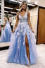 Glitter Blue Lace A Line Long Prom Dress with Flowers and Pockets