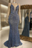 Glitter Mermaid Prom Dress Long Spaghetti Straps V Neck Open Back Prom Gowns
