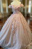 Glitter Pink Off The Shoulder Prom Dress Tulle Appliques Ball Gown Quinceanera Dress