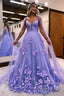 Glitter Purple A Line Long Prom Dress with 3D Flowers