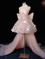 Glitter Strapless Tulle Beaded Mini Birthday Dresses Pink Homecoming Dresses With Bow