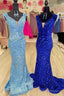Glitter V-Neck Sequins Prom Dresses Cap Sleeves Long Mermaid Prom Dresses