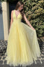 Glitter Yellow A Line Beaded Long Tulle Prom Dress