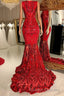Glittery Long Red Mermaid Sleeveless Prom Dresses Sequin