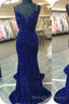 Glittery Mermaid Red Sequin V Neck Lace-Up Back Prom Dresses Gala Gown