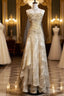 Gold A-Line Spaghetti Strap Satin Lace Prom Dresses Long With Beaded Appliques