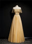 Gold A-Line Tulle Beading Sequins Prom Dresses Long Lotus Leaf Sleeve Prom Dresses