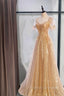 Gold Aline Tulle V Neck Long Prom Dress, Gold Formal Dresses