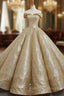 Gold Ball Gown Sequins Off The Shoulder Appliques Wedding Dress