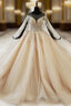 Gold Ball Gown Tulle Sequins Backless Appliques Beading Wedding Dress