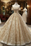 Gold Ball Gown Tulle Sequins Off The Sholuder Short Sleeve Wedding Dress