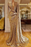 Gold Evening Dresses A-Line V-Neck Long Sleeves Sequins Long Turkey Dubai Saudi Arabic Evening Gown Prom Dresses