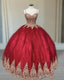 Gold Lace Sweetheart Ball Gowns Spaghetti Strap Dress