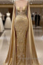 Gold Mermaid Prom Dresses With Wrap Beaded Lace Appliqued Evening Dress Party Second Reception Gowns Plus Size