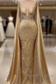Gold Mermaid Prom Dress With Wrap Beaded Lace Appliqued Prom Dresses Prom Second Reception Gowns Plus Size