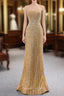 Gold Mermaid Sequins Strapless Pearls Prom Dress