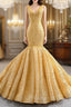 Gold Mermaid V Neck Sequins Pearls Prom Dress