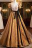 Gold Puff Sleeve Square Sequins Prom Dress