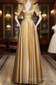 Gold Satin A-Line Short Sleeves Floor Length Prom Dresses Gold Simple Prom Dresses