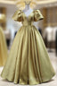 Gold Satin Puff Sleeve V-neck Prom Dress