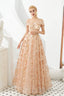 Gold Sequin Off the Shoulder A-line Floor Length Lace Prom Dresses