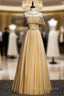 Gold Tulle Beading Sequins Lotus Leaf Sleeve Prom Dress