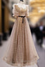 Gold Tulle Long Prom Dress, A line Gold Formal Graduation Party Dress