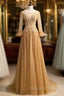 Gold Tulle Long Sleeve Backless Beading Prom Dress