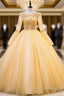 Gold Tulle Long Sleeve Beading Appliques Quinceanera Dress