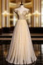 Gold Tulle Puff Sleeve Beading Sequins Backless Prom Dress