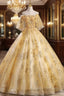 Gold Tulle Sequins Appliques Feather Quinceanera Dress