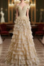 Gold Tulle Sequins Off the Shoulder Tiers Prom Dress