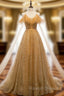 Gold Tulle Sequins Spaghetti Straps Backless Beading Prom Dress